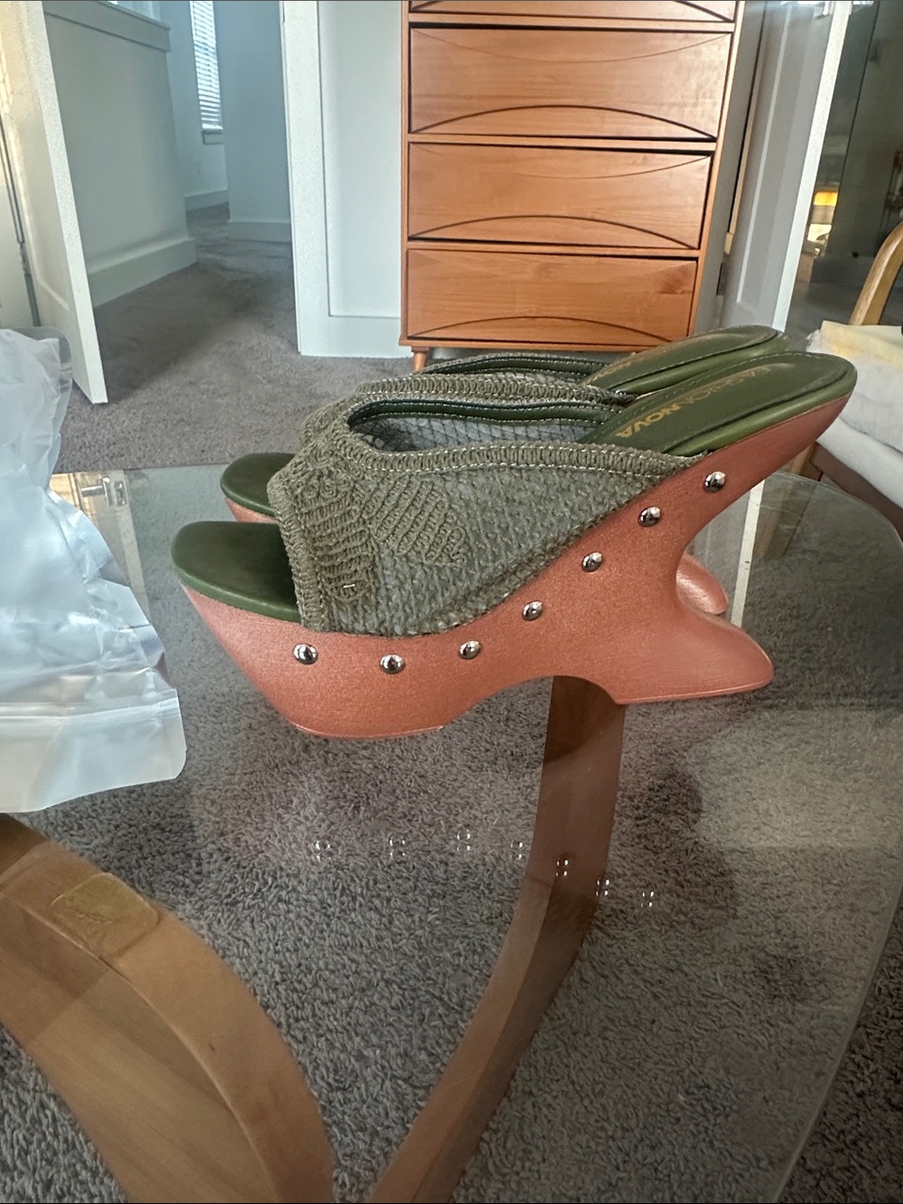 Fashion Nova Olive Knit Platform Mules with Rose Gold Wedge